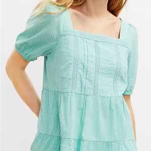 Ann Taylor LOFT Seafoam Green Dotted Lacy Fairy Tiered Square Neck Top – Size M